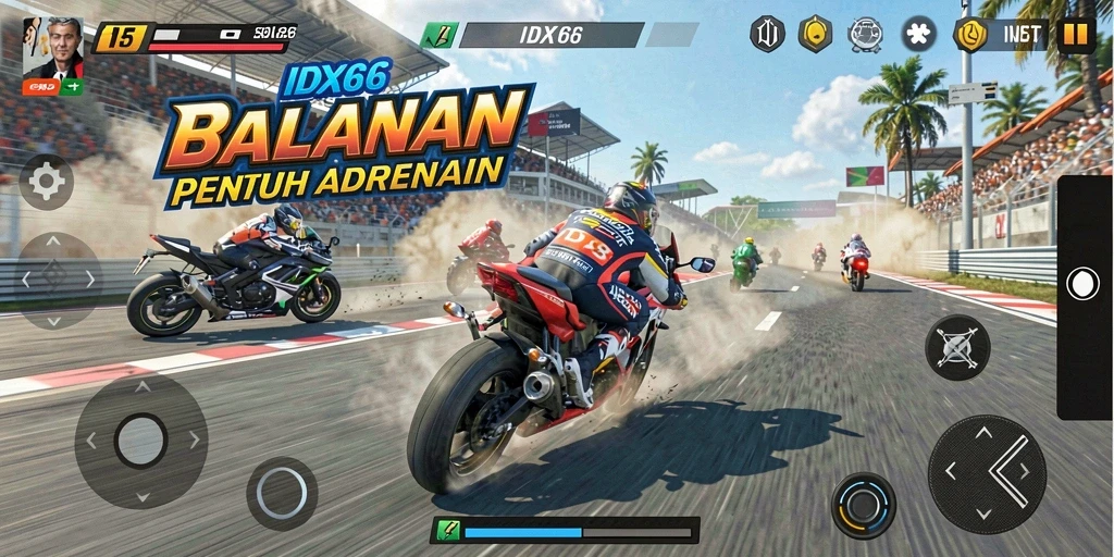 Screenshot gameplay IDX66 menampilkan aksi balapan yang mendebarkan.