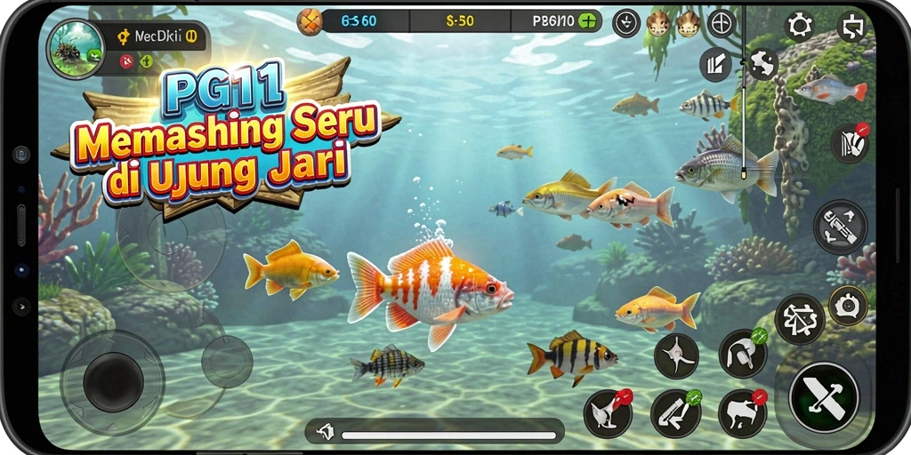 Screenshot PG11 menampilkan aksi memancing yang intens dan indah di bawah laut.