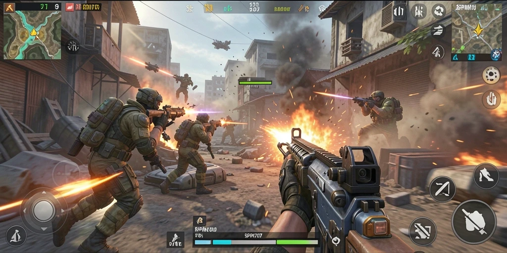 Tampilan gameplay SPIN707 dengan aksi tembak-menembak yang intens.