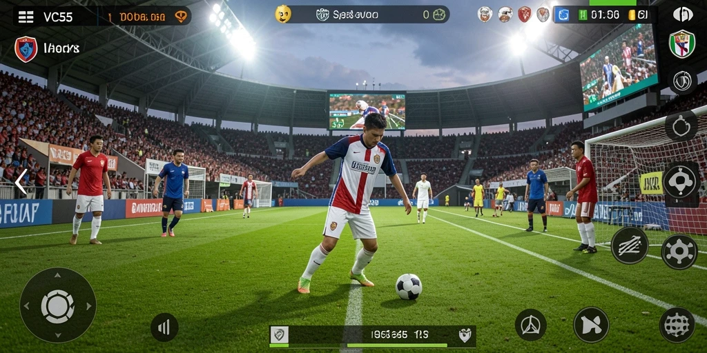 Tangkapan layar gameplay VC55 menunjukkan aksi sepak bola yang seru dan mendebarkan.